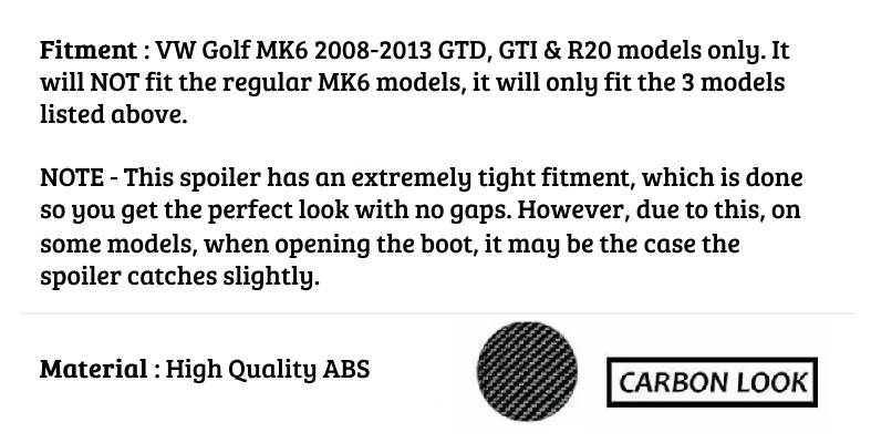 VW Golf MK6 Car Rear Roof Spoiler 2008-2013 Osir Style Carbon Fibre