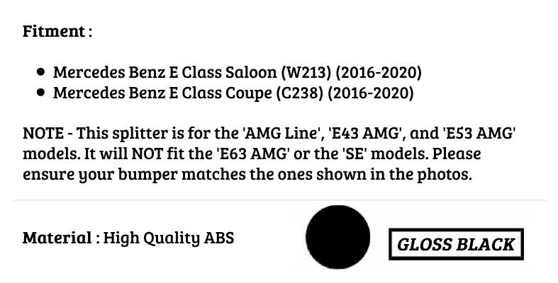 Mercedes E Class W213 E43 E53 Front Splitter 2016-2020 Gloss Black