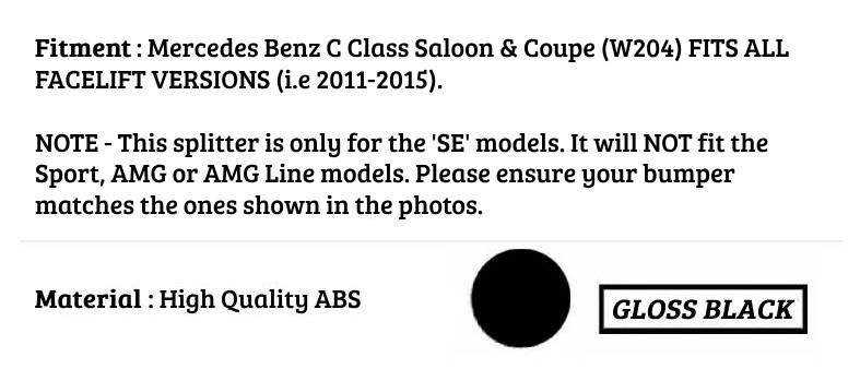 Mercedes C Class SE Front Splitter 2011-2015 Brabus Style Gloss Black