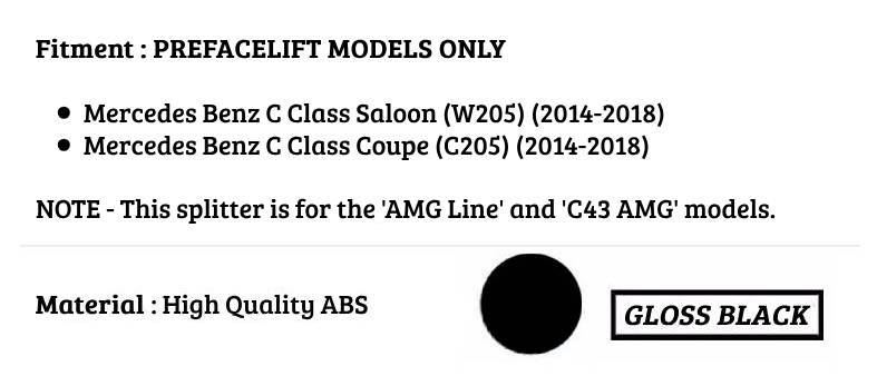 Mercedes C Class C43 Front Splitter 2014-18 Brabus style Gloss Black