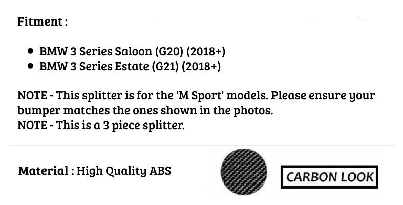 BMW 3 Series G20 G21 Front Splitter 2018-2024 Kit Carbon Fibre