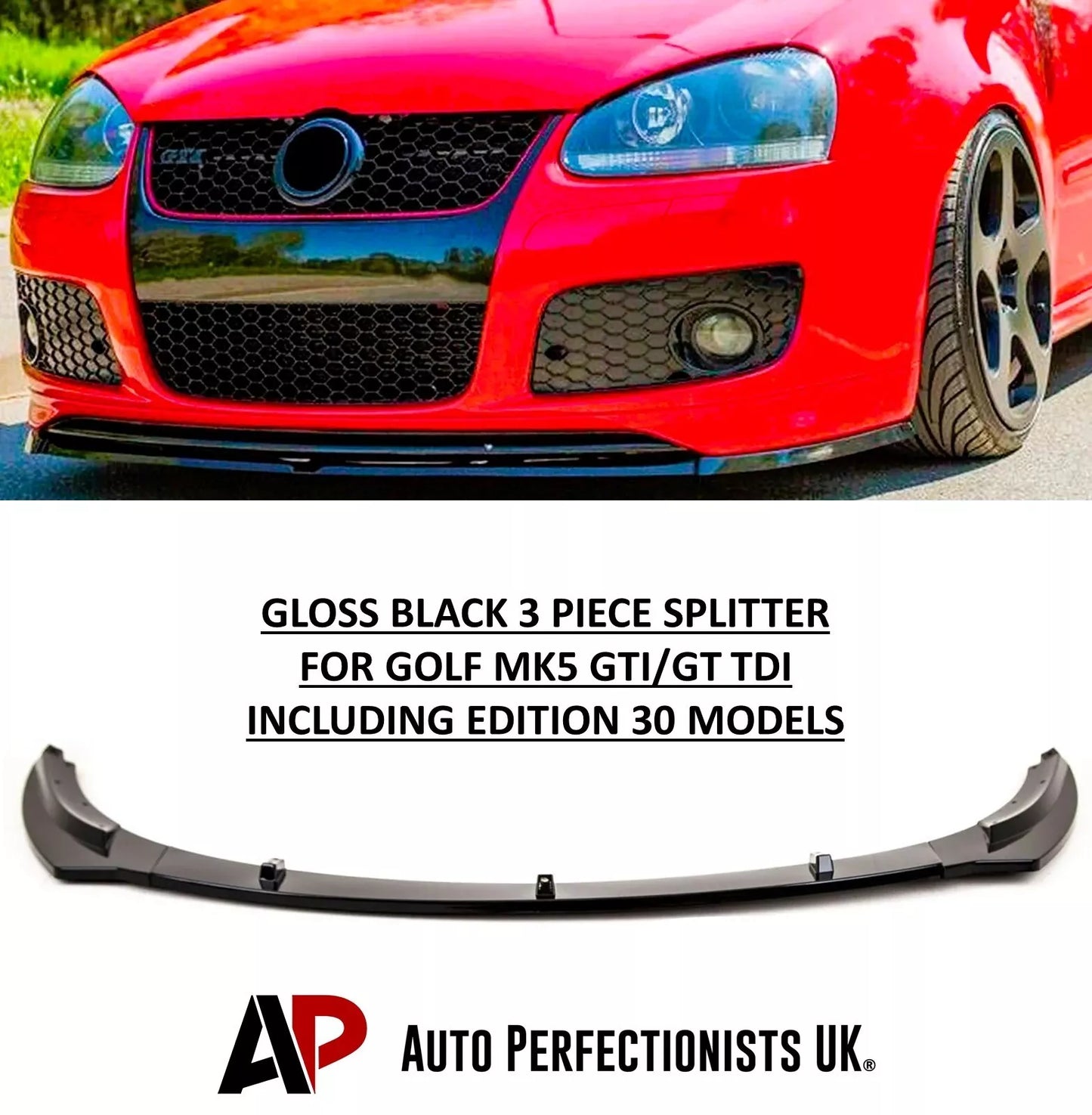 VW Golf MK5 GTI GT TDI Front Splitter 2003-2008 Gloss Black