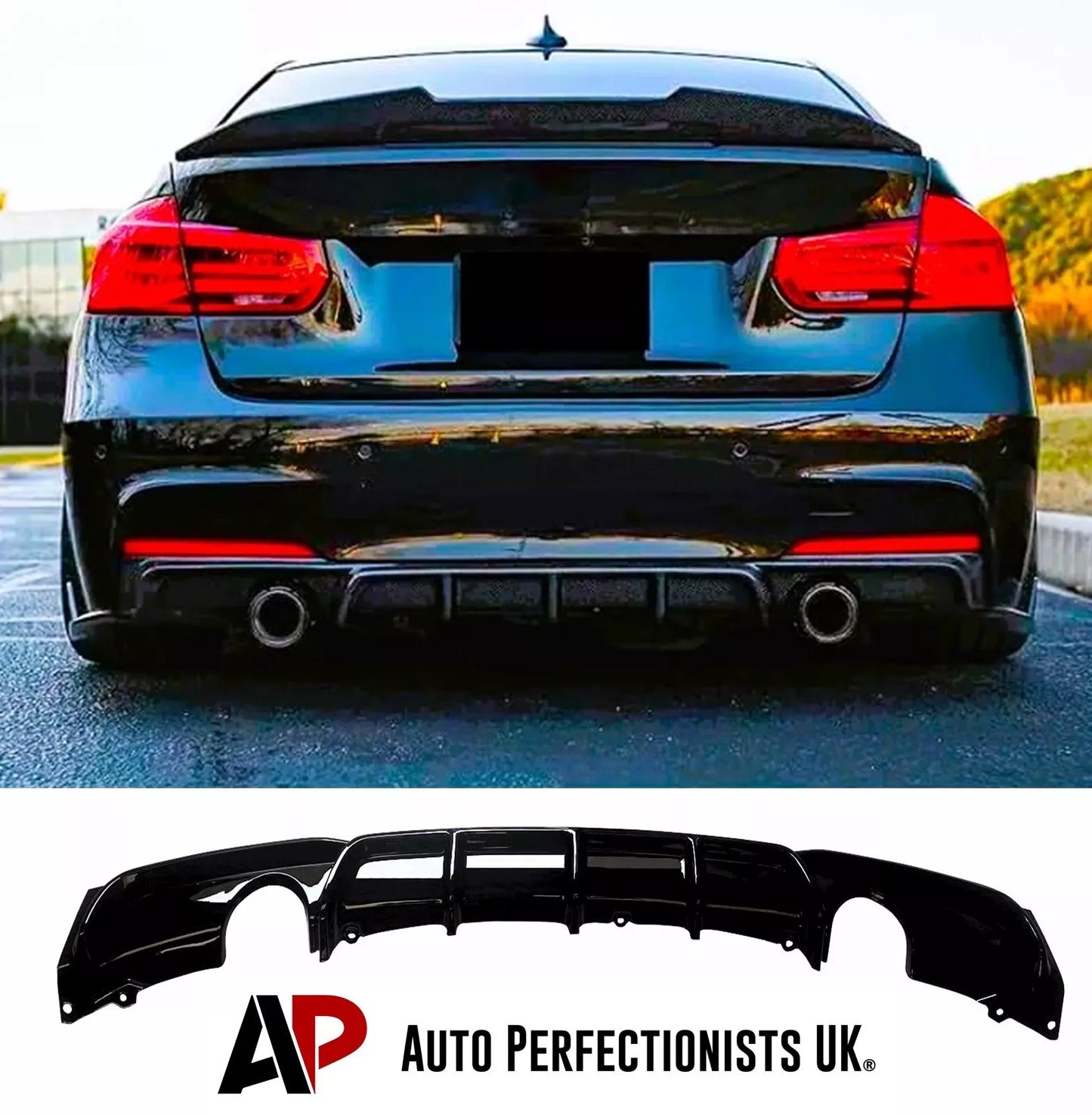 BMW 3 Series F30 Rear Valance Diffuser Dual Exit 2011-2019 Gloss Black