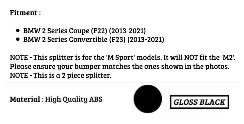 BMW 2 Series F22 F23 Front Splitter 2013-2021 Gloss Black