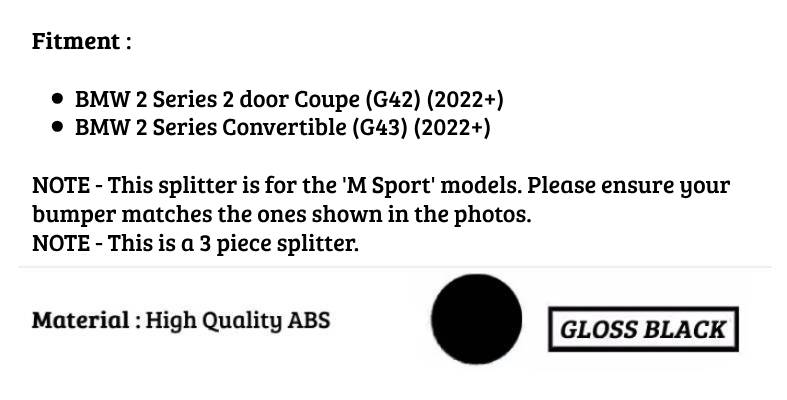 BMW 2 Series G42 G43 Front Splitter 2022-2024 Gloss Black