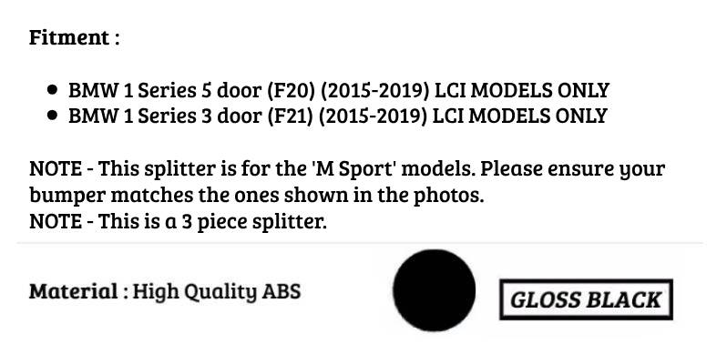 BMW 1 Series F20 F21 LCI Front Splitter 2015-2019 Gloss Black