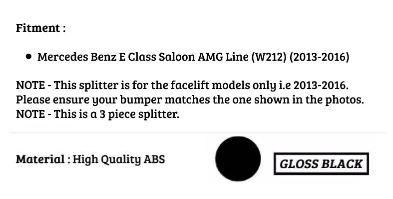 Mercedes E Class W212 AMG Line Front Splitter 2013-16 Gloss Black