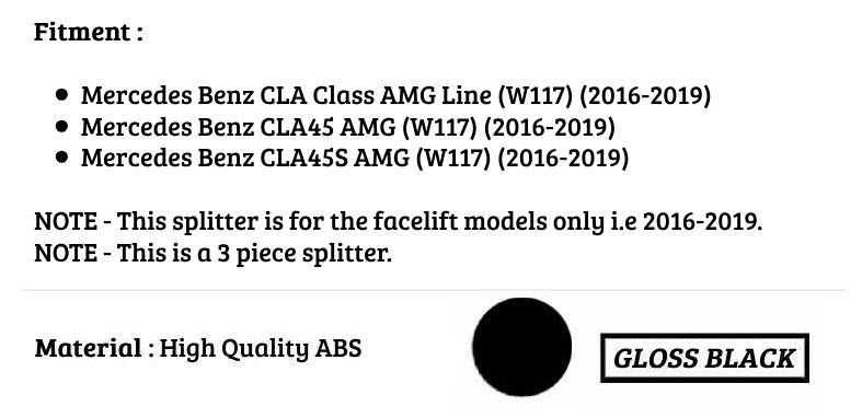 Mercedes CLA Class W117 CLA45 Front Splitter 2016-2019 Gloss Black
