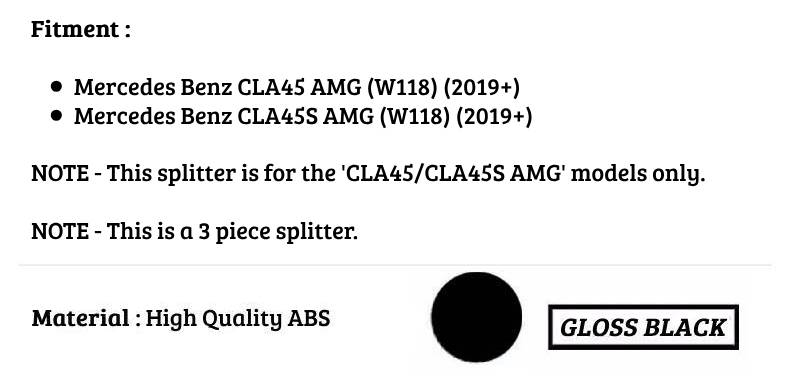 Mercedes CLA45S AMG W118 C118 Front Splitter 2019-2024 Gloss Black