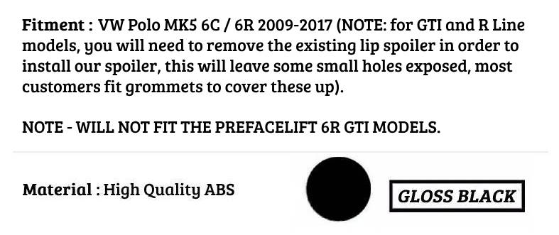 VW Polo Car Rear Roof Spoiler MK5 6R 6C GTI R 2009-2017 Gloss Black