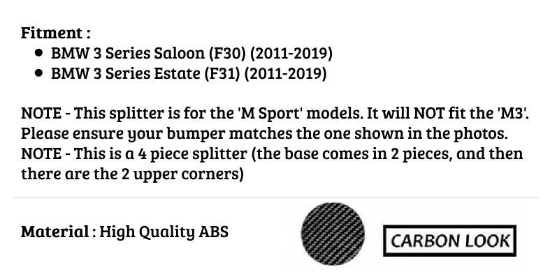 BMW 3 Series F30 F31 Front Splitter 2011-2019 Carbon Fibre