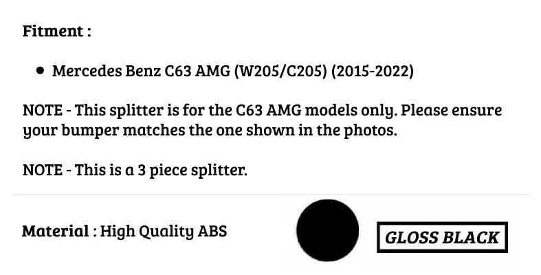 Mercedes C Class C63 AMG Front Splitter 2015-2022 Gloss Black