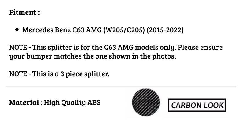 Mercedes C Class C63 AMG Front Splitter 2015-2022 Carbon Fibre