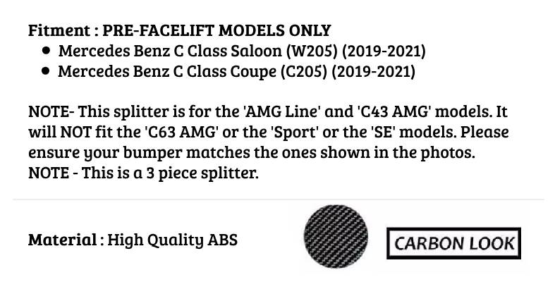 Mercedes C Class C43 W205 C205 Front Splitter 2019-2021 Carbon Fibre