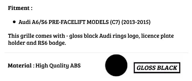 Audi A6 S6 C7 Front Main Honeycomb Mesh Grill 2013-2015 Gloss Black