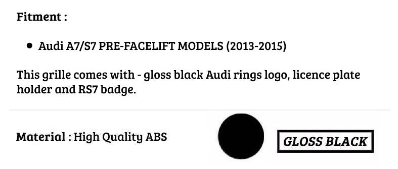 Audi A7 S7 Front Main Honeycomb Mesh Grill 2013-2015 Gloss Black