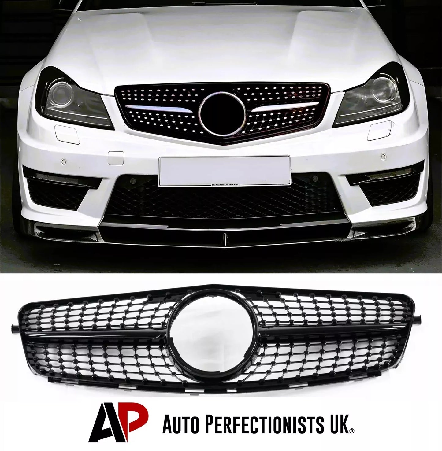 Mercedes C Class W204 Front Diamond Grill 2007-2014 Gloss Black