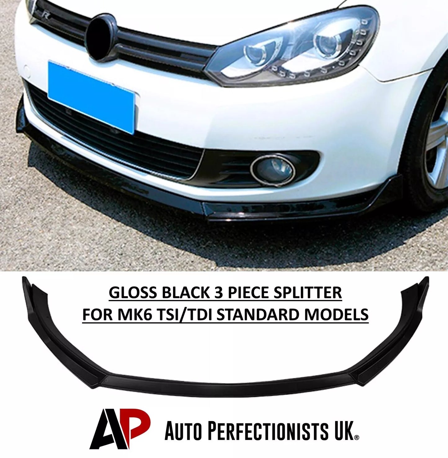VW Golf MK6 TSI TDI Front Splitter Lip Kit 2008-2013 ABS Gloss Black