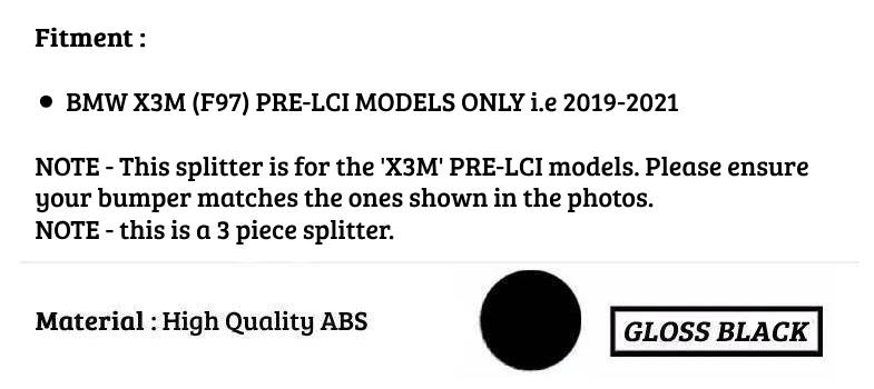 BMW X3M F97 PRE-LCI Front Splitter Wing Kit 2019-2021 ABS Gloss Black