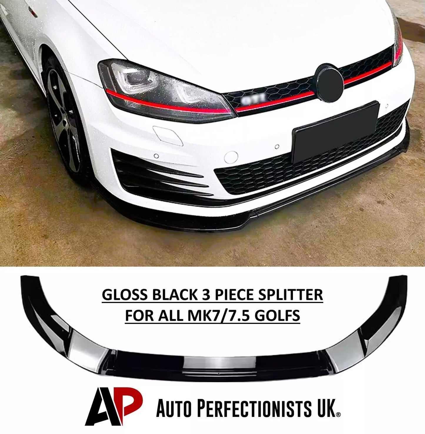 VW Golf MK7 R GTI GTD Front Splitter Kit 2013-2020 ABS Gloss Black