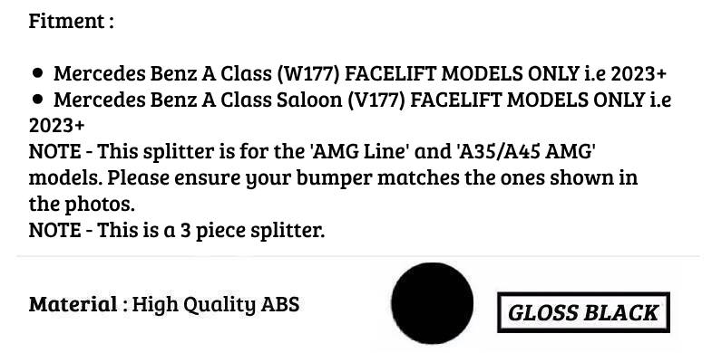 Mercedes A Class W177 AMG Front Splitter 2023-2024 ABS Gloss Black