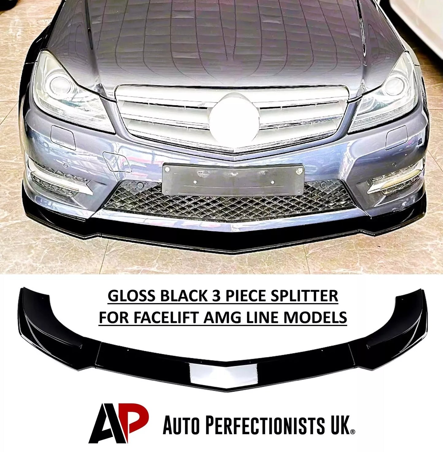 Mercedes C Class W204 AMG Front Splitter Kit 2011-2014 ABS Gloss Black