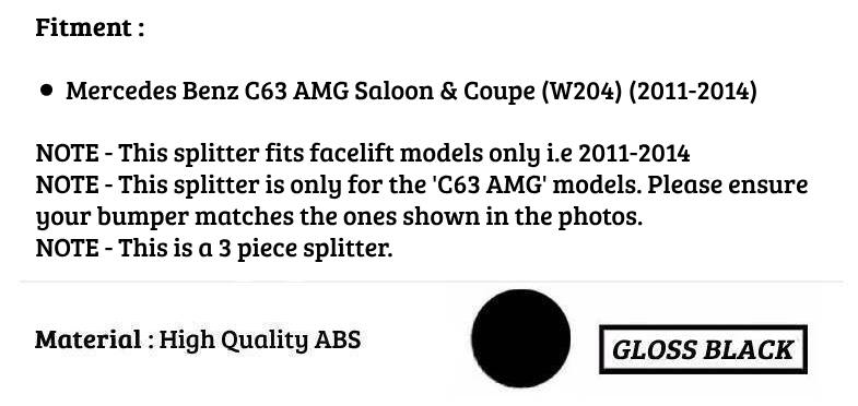 Mercedes C63 AMG W204 Facelift Front Splitter 11-14 ABS Gloss Black