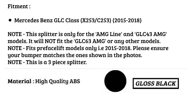 Mercedes GLC X253 C253 Front Splitter Kit 2015-2018 ABS Gloss Black