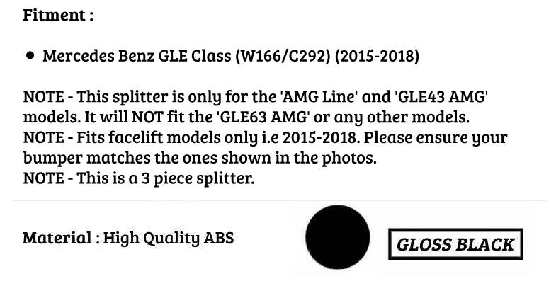 Mercedes GLE W166 C292 Front Splitter Kit 2015-2018 ABS Gloss Black