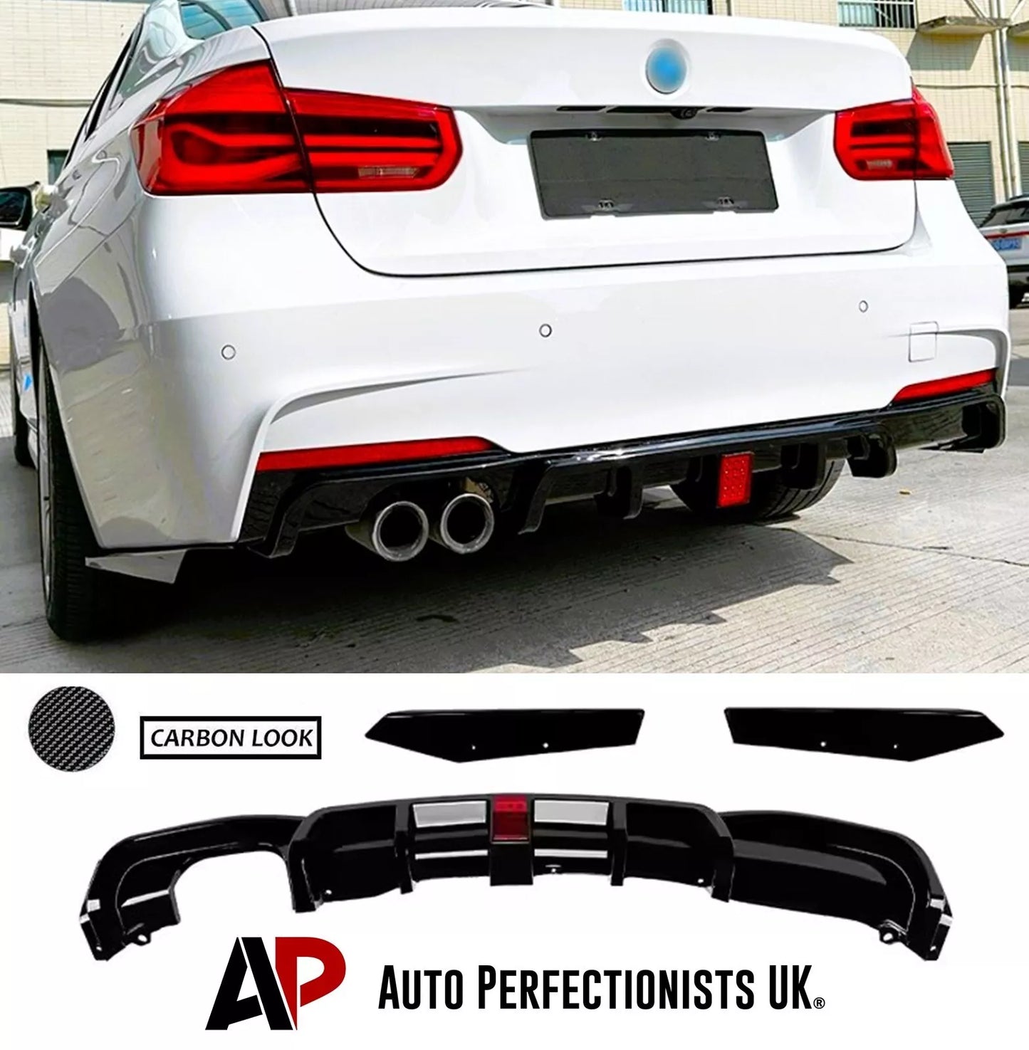 BMW 3 Series F30 F31 Rear Valance Diffuser Twin W/LED ABS Carbon Fibre