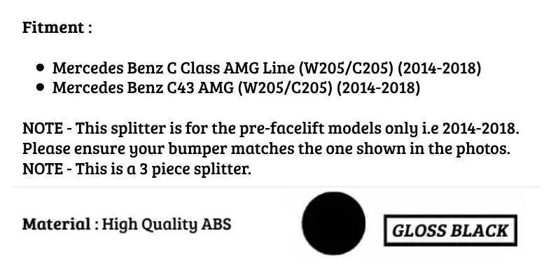 Mercedes C Class C43 W205 C205 Front Splitter 2014-2018 Abs Gloss Black