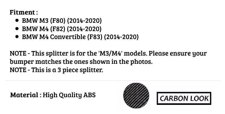 BMW M3 M4 F80 F82 F83 Front Splitter 2014-2020 Abs Carbon Fibre