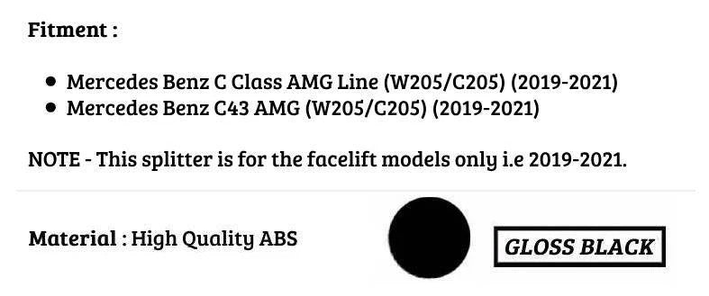 Mercedes C Class C43 W205 C205 Front Splitter 2019-2021 Abs Gloss Black