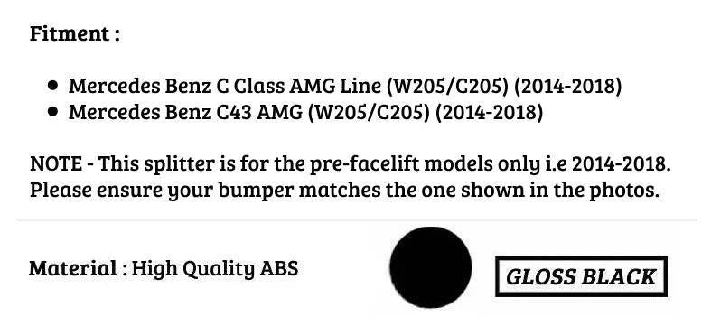 Mercedes C Class C43 W205 C205 Front Splitter 2014-18 Abs Gloss Black