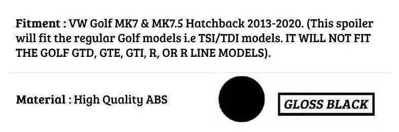 VW Golf MK7 MK7.5 Car Rear Roof Spoiler 2013-2020 Abs Gloss Black