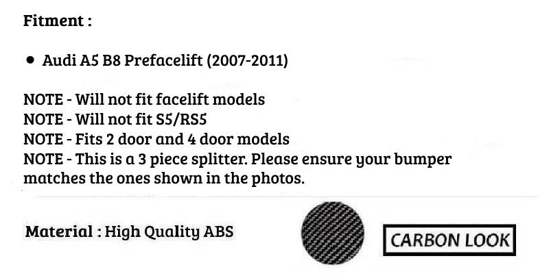 Audi A5 B8 Prefacelift Front Splitter Spoiler 07-11 ABS Carbon Fibre