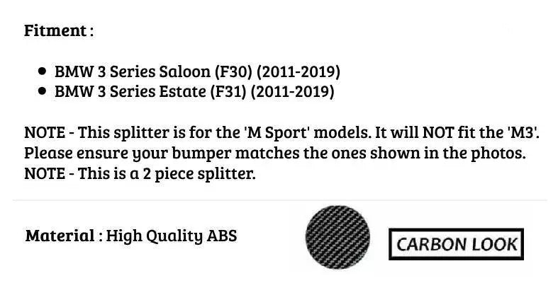 BMW 3 Series F30 F31 Front Splitter 2011-2019 Abs Carbon Fibre
