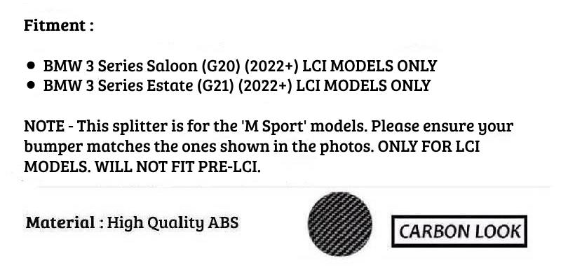 BMW 3 Series G20 G21 Front Splitter Spoiler 2022-2024 ABS Carbon Fibre