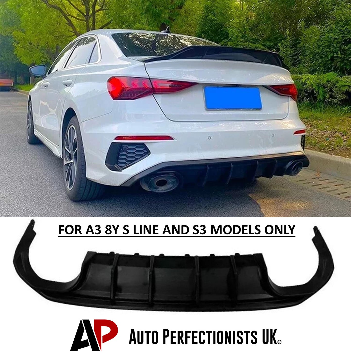 Audi S3 A3 Rear Lip Diffuser Bumper Body Kit 2020-2024 Gloss Black