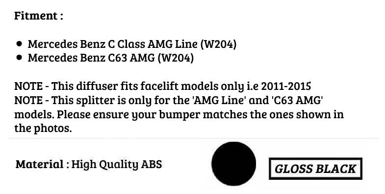 Mercedes C Class C63 AMG Rear Diffuser Valance 2011-15 ABS Gloss Black