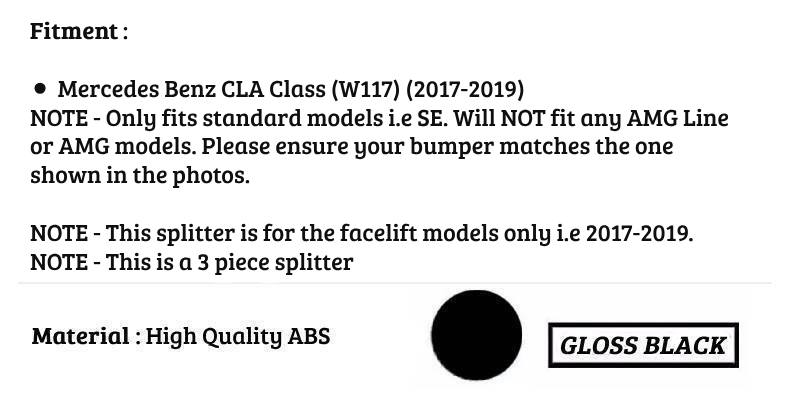 Mercedes CLA Class W117 NON AMG Gloss Black Front Splitter 2017-2019