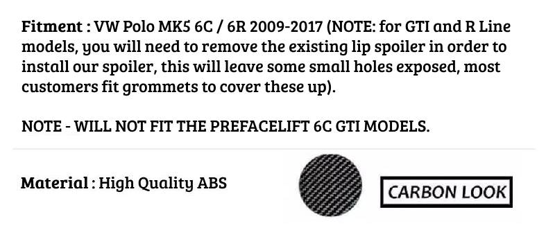 VW Polo MK5 Car Rear Roof Spoiler Wing 2009-2017 Carbon Fibre