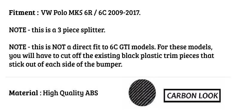 VW Volkswagen Polo MK5 Front Splitter 2009-2017 Carbon Fibre