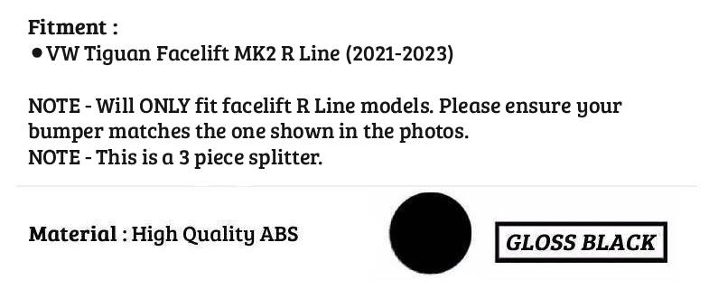 VW Tiguan R Line MK2 FACELIFT Gloss Black Front Splitter Spoiler Lip Kit 2021-23