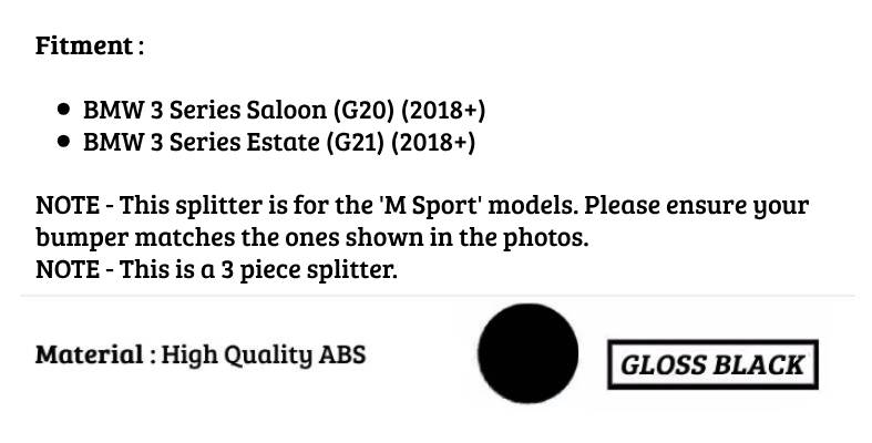 BMW 3 Series G20 G21 Kit Front Splitter 2018-2024 Gloss Black