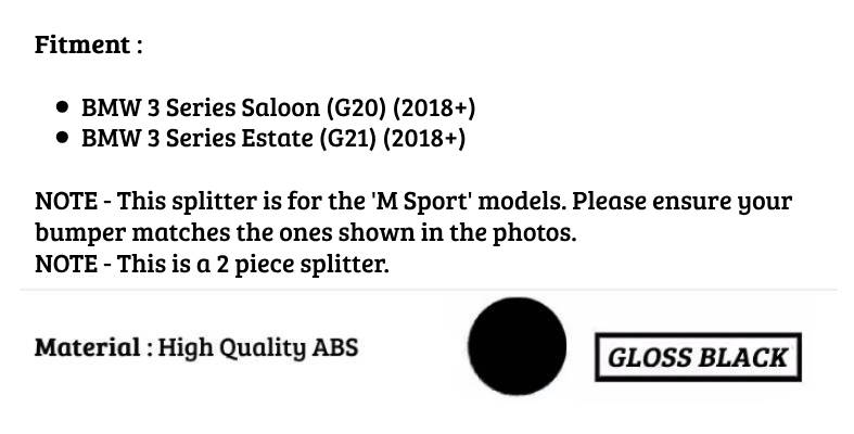 BMW 3 Series G20 G21 Front Splitter 2018-2024 Gloss Black