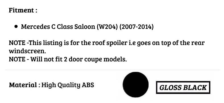Mercedes C Class Car Rear Roof Spoiler W204 2007-2014 Gloss Black