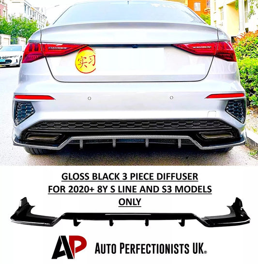 Audi S3 A3 8Y Saloon Rear Diffuser Lip 2020-2024 ABS Gloss Black