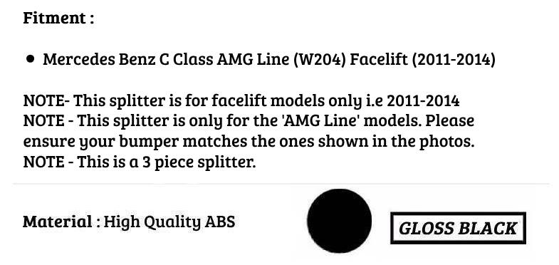Mercedes C Class W204 AMG Front Splitter Kit 2011-2014 ABS Gloss Black