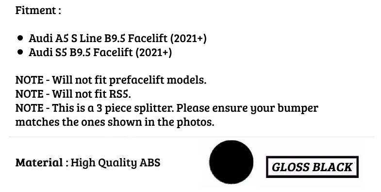 Audi A5 S5 B9.5 S Line Front Splitter Kit 2021-2024 ABS Gloss Black